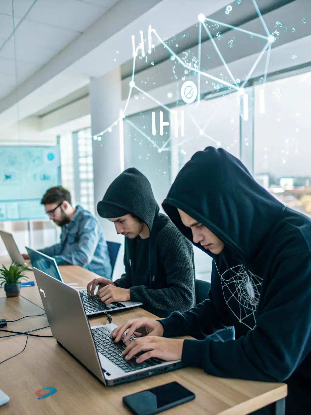 A team of software developers collaborating on a project, writing code and discussing solutions in a bright, open office space.