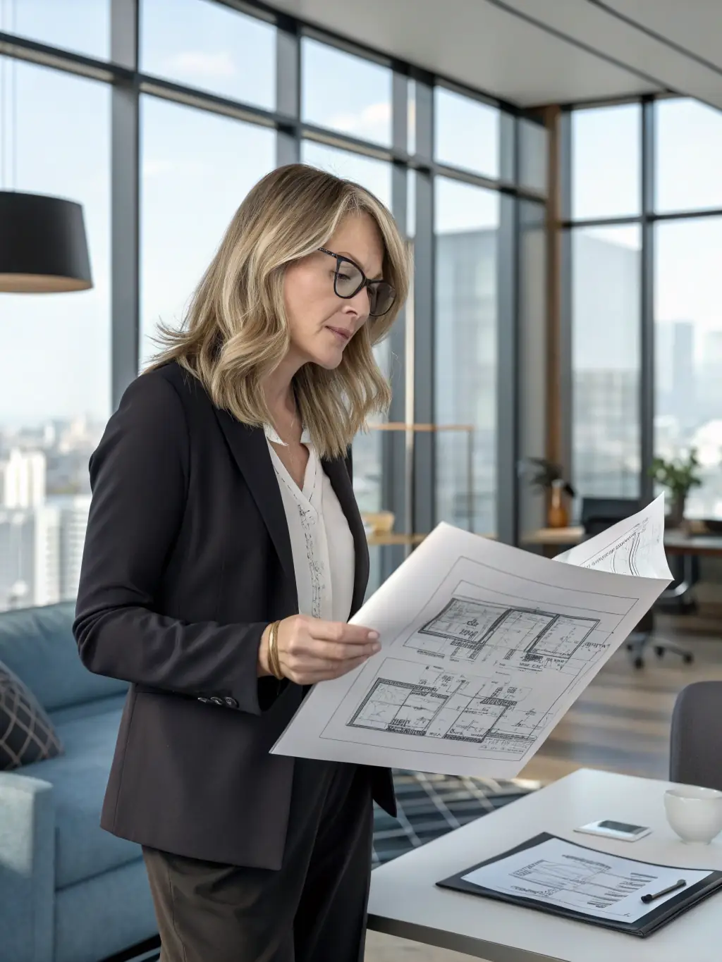 A consultant in a modern office setting, advising a client on digital transformation strategies, with charts and data visualizations displayed on a large screen in the background.