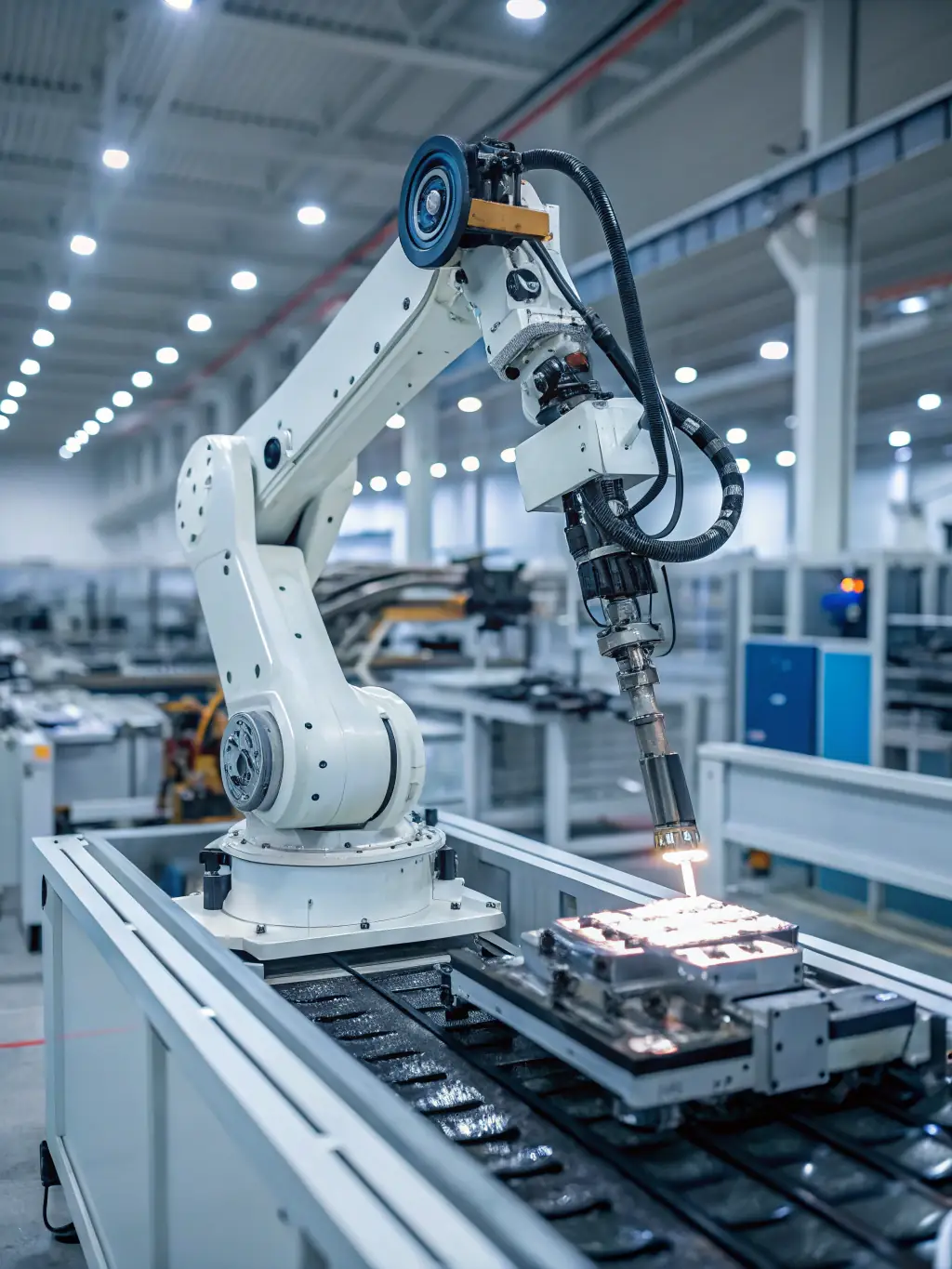 A high-resolution photograph showcasing Leoss Automation's advanced robotic arm performing a precise task in a manufacturing setting, highlighting its speed and accuracy.