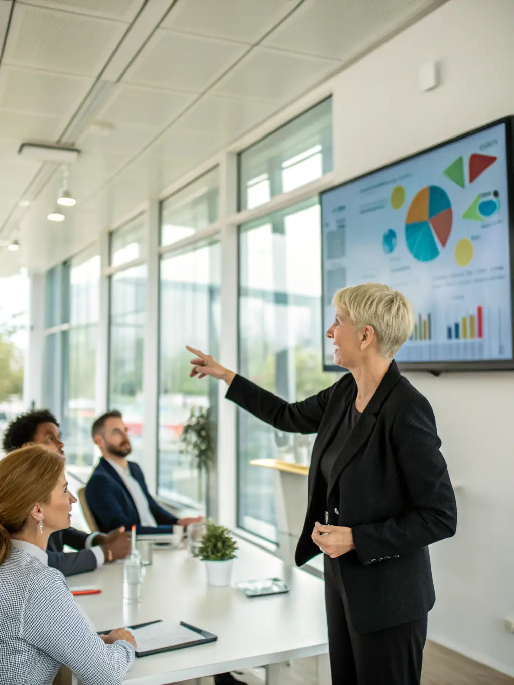 A professional consultant is shown presenting a data-driven strategy to a client team in a modern office setting, emphasizing improved decision-making.