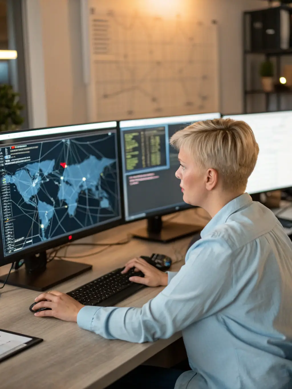 A cybersecurity expert analyzing network traffic and security logs on multiple monitors, identifying potential threats and vulnerabilities.