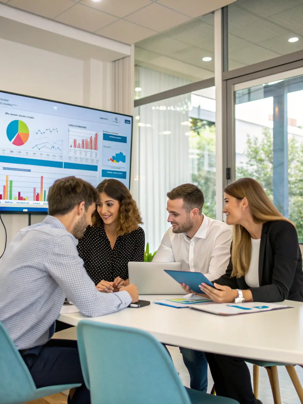 A marketing team brainstorming and analyzing campaign performance data, using analytics tools to optimize strategies and improve ROI.