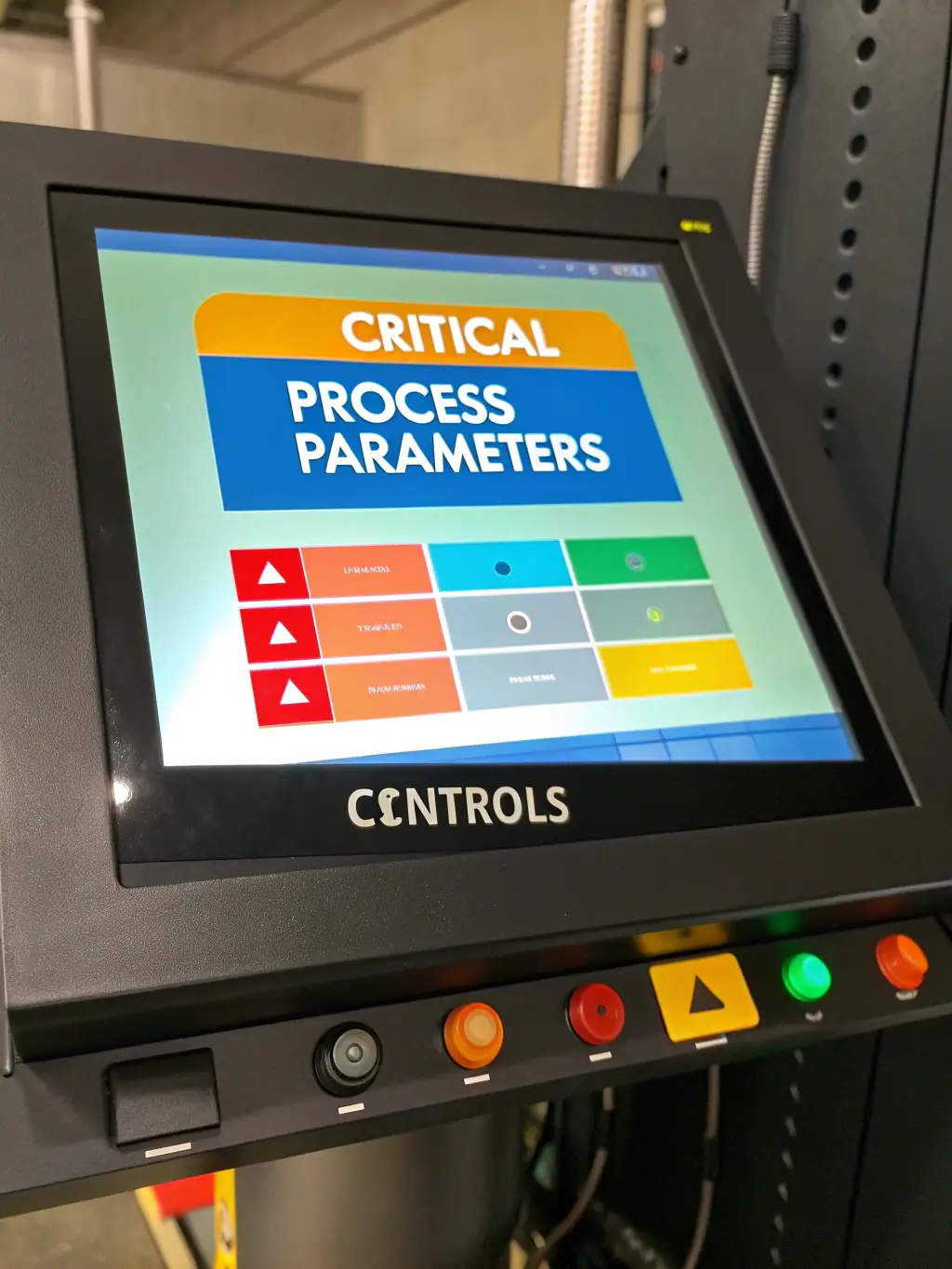 A professional photograph of Leoss Automation's custom-designed HMI (Human Machine Interface) panel, displaying real-time data and control options.